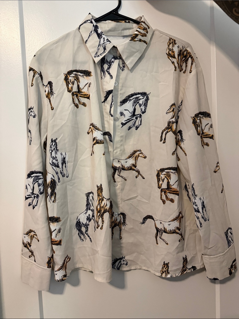 Women’s Horse Print Button-Up Shirt - White with Brown & Black Horses